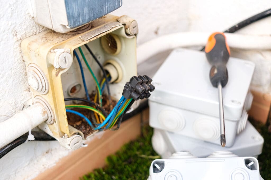 A damaged outdoor electrical cable box is being replaced with a new unit. The old box shows signs of wear, while the new installation awaits connections to ensure safe operation.