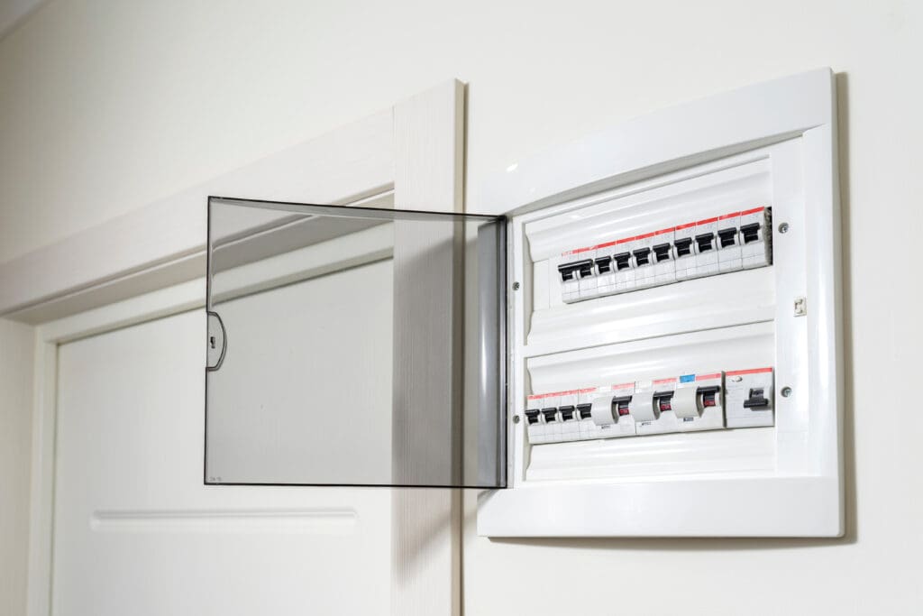 electrical panel in the apartment on a white wall. Fuse box