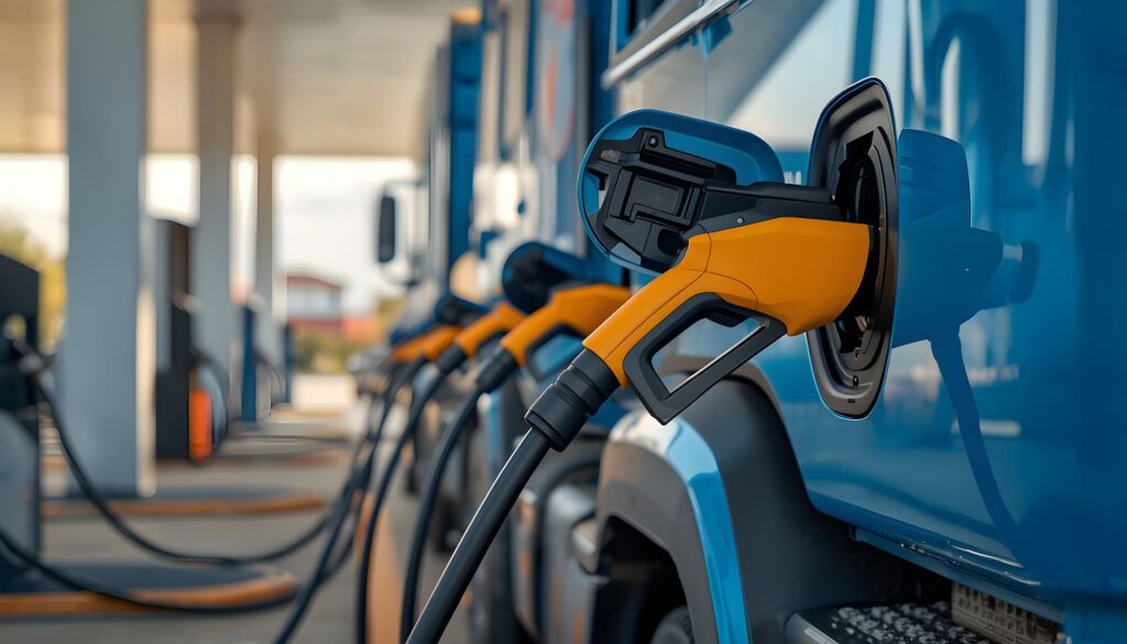 A row of electric vehicle charging stations with multiple blue trucks plugged in, each charging cable attached to a vehicle under a covered area at a modern charging facility.