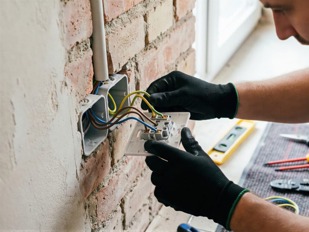 A person wearing black gloves installs or repairs an electrical outlet, connecting wires inside a wall-mounted electrical box on a brick wall. Tools are visible nearby.