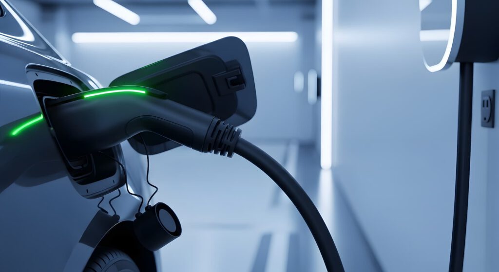 Close-up of an electric car being charged with a charging cable plugged into its port in a modern, well-lit garage or charging station. Green light indicates active charging.