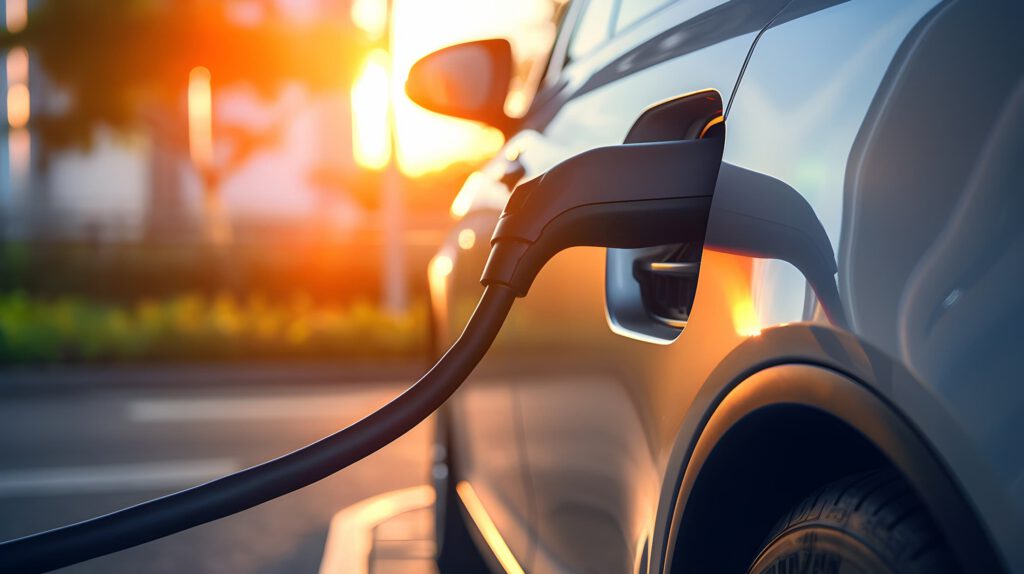 A close-up of an electric car being charged at a charging station during sunset, with sunlight reflecting off the vehicle’s surface.