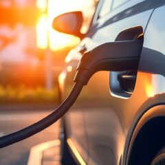A close-up of an electric car being charged at a charging station during sunset, with sunlight reflecting off the vehicle’s surface.