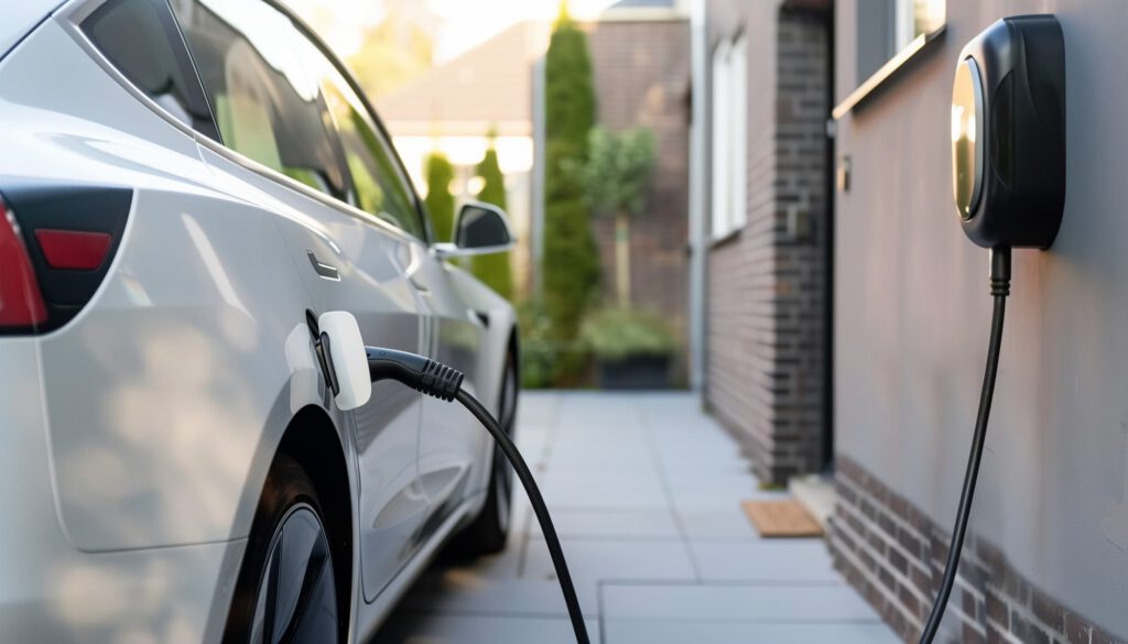A white electric car is parked in a driveway, charging with a cable connected to a wall-mounted charging station on the side of a modern house. The setting appears to be a residential neighborhood.